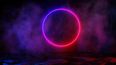 Night futuristic landscape. Full golden moon in the night starry sky. Reflection of the moon in the water. Neon light. 3D renderingの写真素材