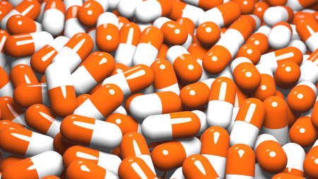 Pharmacy medicine capsule pill in production line at medical factory. Production of medical capsules, tablets, drugs. Pharmaceutical Business Concept. Pharmacy stock bacground. 3d render.の写真素材