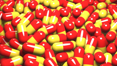 Pharmacy medicine capsule pill in production line at medical factory. Production of medical capsules, tablets, drugs. Pharmaceutical Business Concept. Pharmacy stock bacground. 3d render.の写真素材