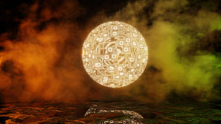 3D rendering. Sci Fi modern futuristic bright hologram space planet. Abstract background, space landscape. Virtual reality, a source of energy. Background laser show.の写真素材