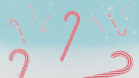 3d render. Christmas peppermint candy canes, different red and white candies on snow background. New Years, Merry Christmas celebration concept. Traditional sweet dessert.の写真素材