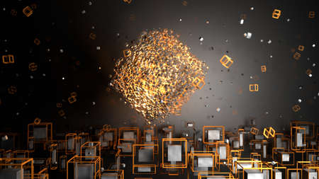 3d render. Abstract goldes geometric shapes. Cubes form big cube. Creative simple motion design with...