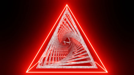 3d render. Abstract futuristic geometric background with lines, glow. Glowing triangular frame long tunnel, ultraviolet neon light. Abstract interior sci-fi spaceship corridors, virtual reality spaceの写真素材