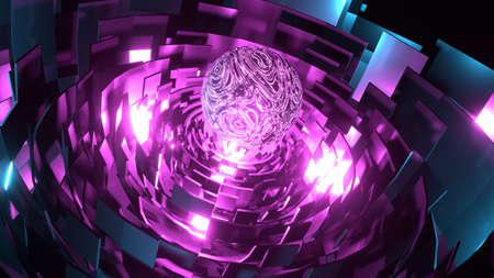 3d render. Abstract geometric background with lines, glow. Tunnel texture futuristic digital data transfer. Futuristic technology background with glitter particle motion in a cyber spaceの写真素材