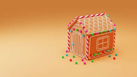 3D Render. Christmas illustration greeting card. Cute cozy dreamlike Christmas gingerbread house decorated candy canes. Holiday Christmas new year conceptの写真素材