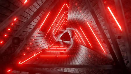 3d render. Abstract futuristic geometric background with lines, glow. Glowing triangular frame long tunnel, ultraviolet neon light. Abstract interior sci-fi spaceship corridors, virtual reality spaceの写真素材