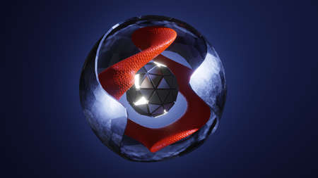 3D Render. Sci-fi object with energy at center. Rotation metal sphere with chaotic structure. Futuristic shapeの写真素材