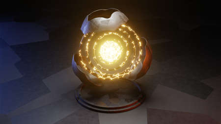 3D Render. Sci-fi object with glowing energy at center. Rotation metal sphere with chaotic structure. Futuristic shapeの写真素材