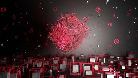 3d render. Abstract geometric shapes. Cubes form big cube. Creative simple motion design with 3d objects. Modern background, screensaver, backdrop. Rotating objects red colorの写真素材