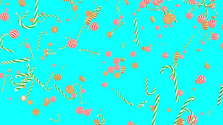 3D Render. Peppermint candy canes falling down slowly on blue background. Candy cane caramels fall spin and rotate. Xmas and New Year's holiday concertの写真素材