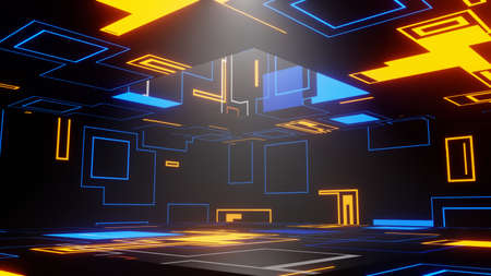 3D rendering. Abstract interior sci-fi spaceship corridor with blue neon glowing tube lights reflections. Futuristic design spaceship interior backgroundの写真素材