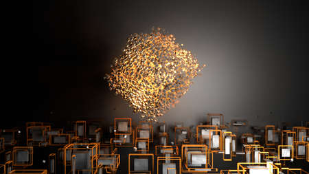 3D rendering. Abstract gold geometric shapes. Cubes form big cube. Creative simple motion design with 3d objects. Modern background, screensaver, backdrop. Rotating objects gold colorの写真素材