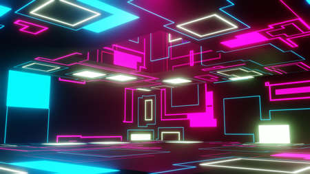 3D rendering. Abstract interior sci-fi spaceship corridor with blue neon glowing tube lights reflections. Futuristic design spaceship interior backgroundの写真素材