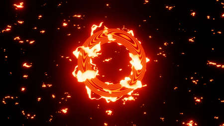 3D rendering. Neon glow energy shape, abstract magic luminous swirls, fantasy round portal and glitter particle sparkles on dark background. Flames in motion around a circle. mystical portalの写真素材