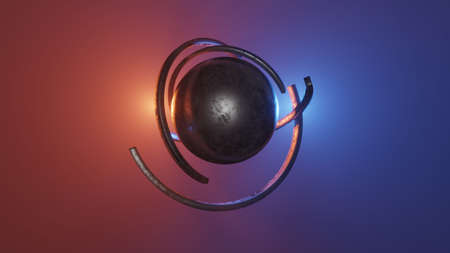 3d Render. Sci-fi object with glowing energy at center. Rotation metal sphere with chaotic structure. futuristic shapeの写真素材