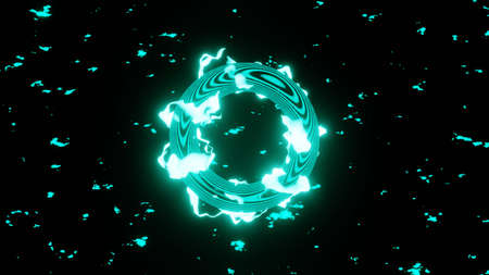 3D rendering. Neon glow energy shape, abstract magic luminous swirls, fantasy round portal and glitter particle sparkles on dark background. Flames in motion around a circle. mystical portalの写真素材