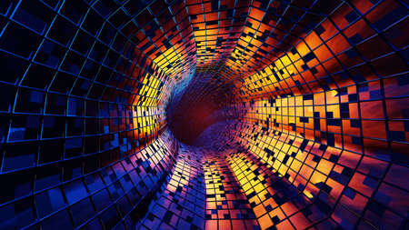 3D rendering. Flight in abstract sci-fi tunnel. Futuristic motion graphics, high tech background. Time warp portal, lightspeed hyperspace concept. Glowing hi-tech texture. Cyberpunkの写真素材