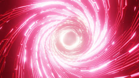 3D rendering. Flight in abstract sci-fi tunnel. Futuristic motion graphics, high tech background. Time warp portal, lightspeed hyperspace concept. Glowing hi-tech texture. Cyberpunkの写真素材
