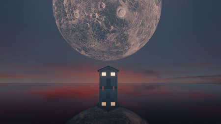 3D rendering. Full moon behind the hill top house, standing in the lake. Animated Moon rising behind the roof of the houseの写真素材
