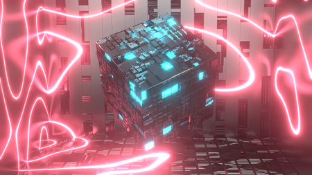 3D rendering. Abstract technology big data background concept. Motion of digital data flow. Transfer ring of big data. Transfer and storage of data sets , block chain, server, hi-speed internetの写真素材