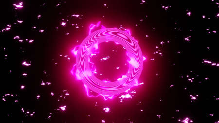 3D rendering. Neon glow energy shape, abstract magic luminous swirls, fantasy round portal and glitter particle sparkles on dark background. Flames in motion around a circle. mystical portalの写真素材