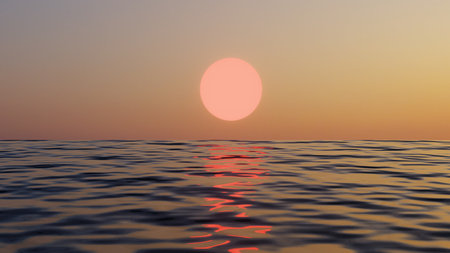 3D rendering. Beautiful sunset or sunrise on the ocean. Sun light shining beam through the cloudscape. Wave And Reflection Slow Motionの写真素材