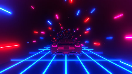 3D rendering. 80s retro futuristic sci-fi seamless loop with vintage car. Riding in retrowave VJ videogame landscape, blue neon lights and low poly grid. Stylized cyberpunk vaporwave backgroundの写真素材