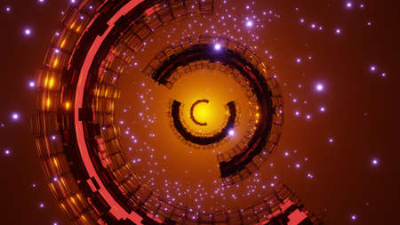3D rendering. Flight in abstract sci-fi tunnel. Futuristic motion graphics, high tech background. Time warp portal, lightspeed hyperspace concept. Glowing hi-tech texture. Cyberpunkの写真素材