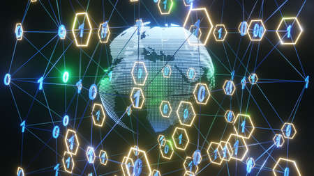 3D rendering. Artistic infographics binary numbers tunnel and Earth globe rotation. Technology Network Data Connection, Digital Data Network, Cyber Security Conceptの写真素材