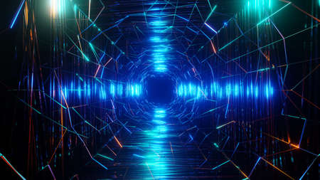 3D rendering. Flight in abstract sci-fi tunnel. Futuristic motion graphics, high tech background. Time warp portal, lightspeed hyperspace concept. Glowing hi-tech texture. Cyberpunkの写真素材