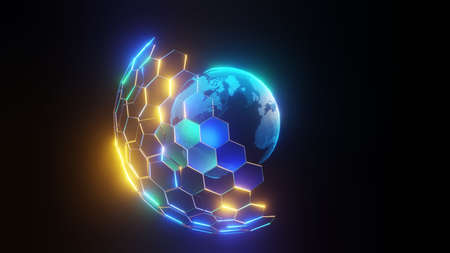 3D rendering. digital planet. Blue glowing hexagon mesh. Global network and communication concept. earth globe business high tech backgroundの写真素材