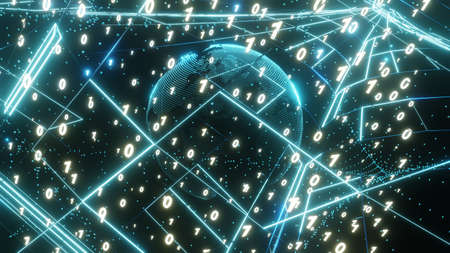 3D rendering. Artistic infographics binary numbers tunnel and Earth globe rotation. Technology Network Data Connection, Digital Data Network, Cyber Security Conceptの写真素材