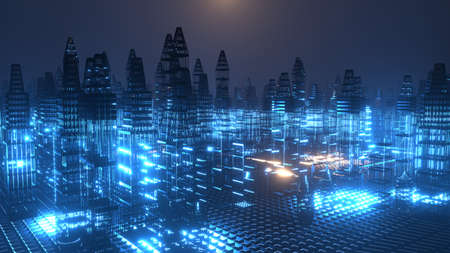 3D rendering. Motion graphic of Hologram modern city, Futuristic Technology Digital Urban design. AI and smart city concept. cyberspace. Cyberpunkの写真素材