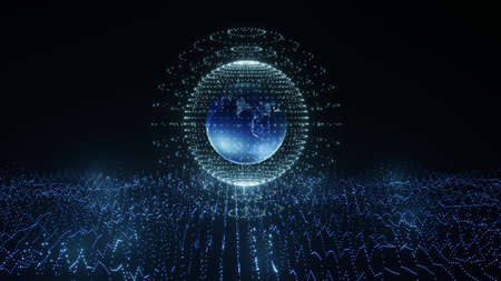 3D rendering. Artistic infographics binary numbers tunnel and Earth globe rotation. Technology Network Data Connection, Digital Data Network, Cyber Security Conceptの写真素材