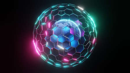 3D rendering. digital planet. Blue glowing hexagon mesh. Global network and communication concept....