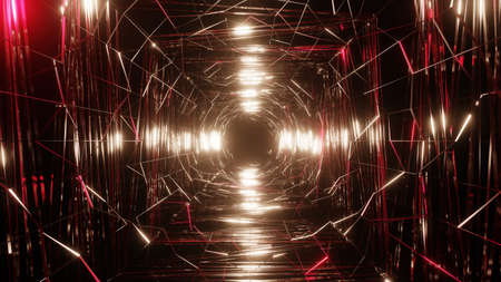 3D rendering. Flight in abstract sci-fi tunnel. Futuristic motion graphics, high tech background. Time warp portal, lightspeed hyperspace concept. Glowing hi-tech texture. Cyberpunkの写真素材