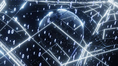 3D rendering. Artistic infographics binary numbers tunnel and Earth globe rotation. Technology Network Data Connection, Digital Data Network, Cyber Security Conceptの写真素材