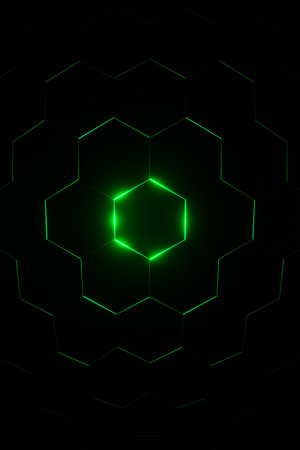 3d Rendering Hexagonal background, depth of field effect. Futuristic cellular 3d panel with hexagons and neon light. Geometric background for phone designの写真素材