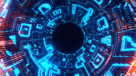 3d rendering. Flight in abstract sci-fi tunnel. Futuristic motion graphics, high tech background. Time warp portal, lightspeed hyperspace concept. Glowing hi-tech texture. Cyberpunkの写真素材