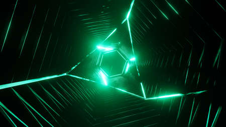 3d rendering. Flight in abstract sci-fi tunnel. Futuristic motion graphics, high tech background. Time warp portal, lightspeed hyperspace concept. Glowing hi-tech texture. Cyberpunkの写真素材