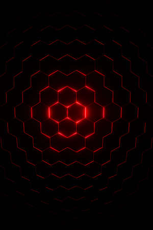 3d Rendering Hexagonal background, depth of field effect. Futuristic cellular 3d panel with hexagons and neon light. Geometric background for phone designの写真素材