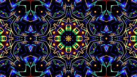3d Rendering Abstract colorful futuristic background bright neon color. Digital future, fantasy. Geometric design, Mosaic kaleidoscope, geometric Pattern. light effects. Symmetry and reflectionの写真素材
