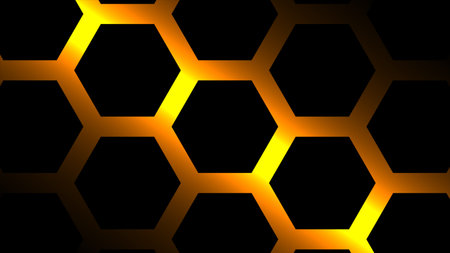 3d rendering. Black orange hexagons background pattern. Background black dark modern. Abstract...