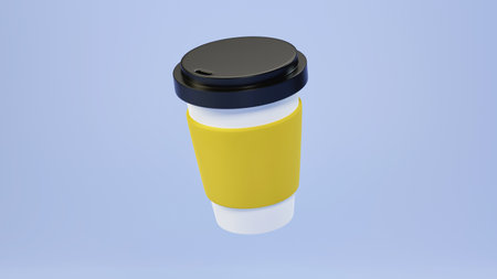 Paper coffee cups with blank labels isolated on pastel blue background. food and beverage. minimal concept. coffee cup. 3d rendering.の写真素材