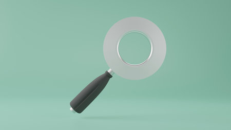 Magnifying glass. Discovery, research, search, analysis concept. Magnifying glass find and optical search icon cartoon style on green background. 3d rendering.の写真素材