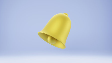 Golden notification bell on blue background. realistic icon. 3D rendering.の写真素材