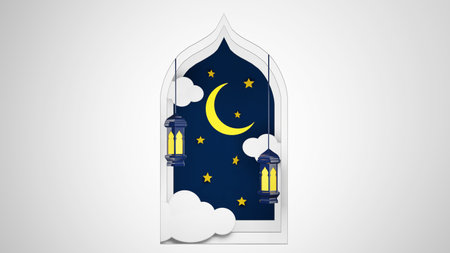 Ramadan Kareem - Eid Mubarak. 3d rendering ramadan background with mosque and star moon ornament, Islamic lantern. islamic banner. Ramadan Kareem theme background template..の写真素材