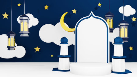 Ramadan Kareem - Eid Mubarak. 3d rendering ramadan background with mosque and star moon ornament, Islamic lantern. islamic banner. Ramadan Kareem theme background template..の写真素材