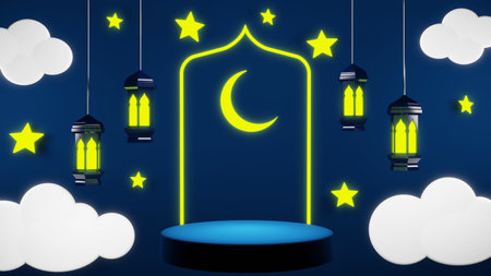 Ramadan Kareem - Eid Mubarak. 3d rendering ramadan background with mosque and star moon ornament, Islamic lantern. islamic banner. Ramadan Kareem theme background template..の写真素材