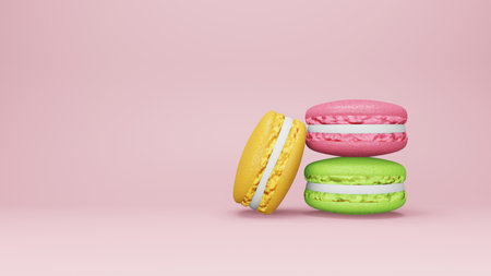 Stack of green, yellow, pink macaroons on a white background. 3d rendering.の写真素材